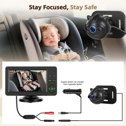 Moniteur Bébé Auto avec Caméra Écran 4,3 Pouces HD 720P pour Banquette Arrière Bluetooth Musique & Mains Libres Grand Angle et Vision Nocturne Montage Facile sur Appui-Tête Caméra Bébé pour Siège Auto