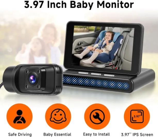 Moniteur Bébé Voiture Caméra Grand Angle 360°, Écran IPS HD 3,97", Vision Nocturne Infrarouge, Bluetooth, CarPlay & Android Auto sans Fil, Installation Rapide sans Outil pour Voiture