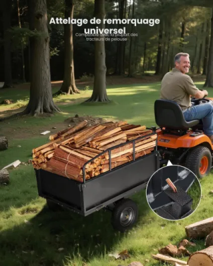 Remorque à Benne Basculante, 481 L, Remorque de Tracteur Tondeuse à Gazon de Jardin en Acier, Capacité de Charge 272 kg, avec Pneus 40,64 cm, Chariot de Transport à Déversement, pour VTT, UTV