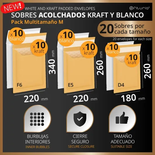 Enveloppes Bulles Expédition, Kraft, Blanc ou Mixte – Fermeture Auto – Pochettes Papier avec Protection Bulles, Pour Envois Sécurisés - Pack M - Ofituria (Kraft et Blanc, 60 enveloppes) EasyPack M Kraft et Blanc 60 Enveloppes